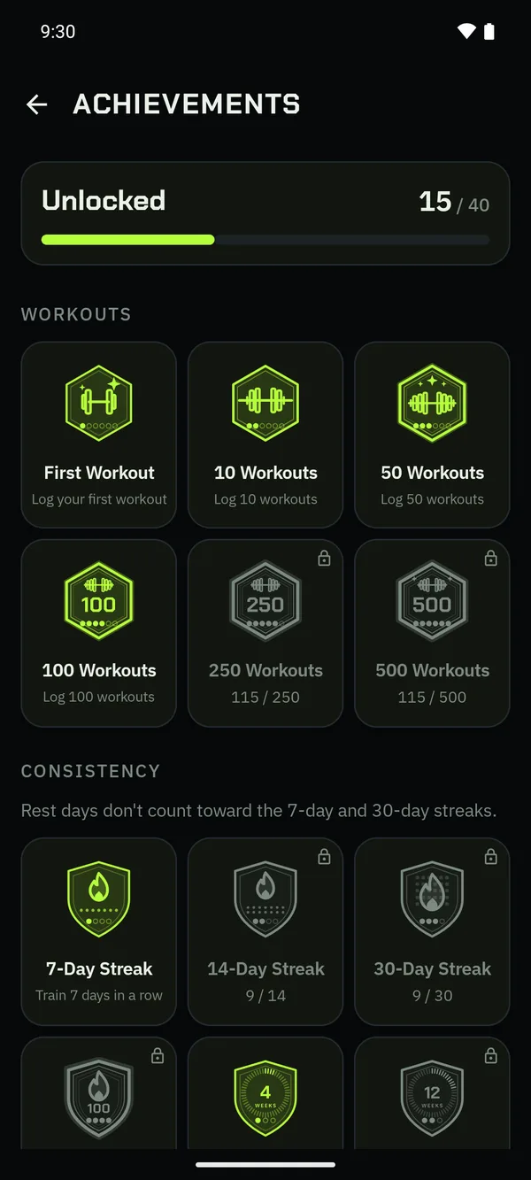 The Achievements screen with a badge for each achievement.