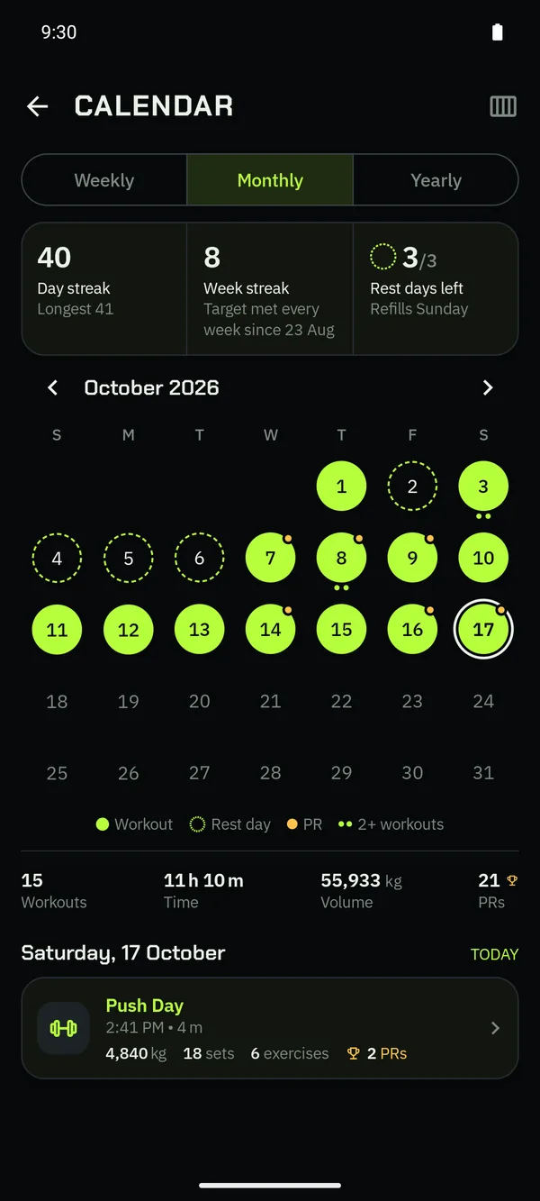 The calendar for October with the days you trained filled in
