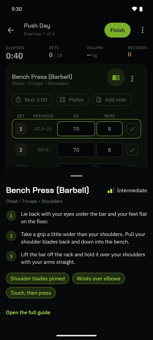 The guide sheet opened from the logger in the middle of a workout.