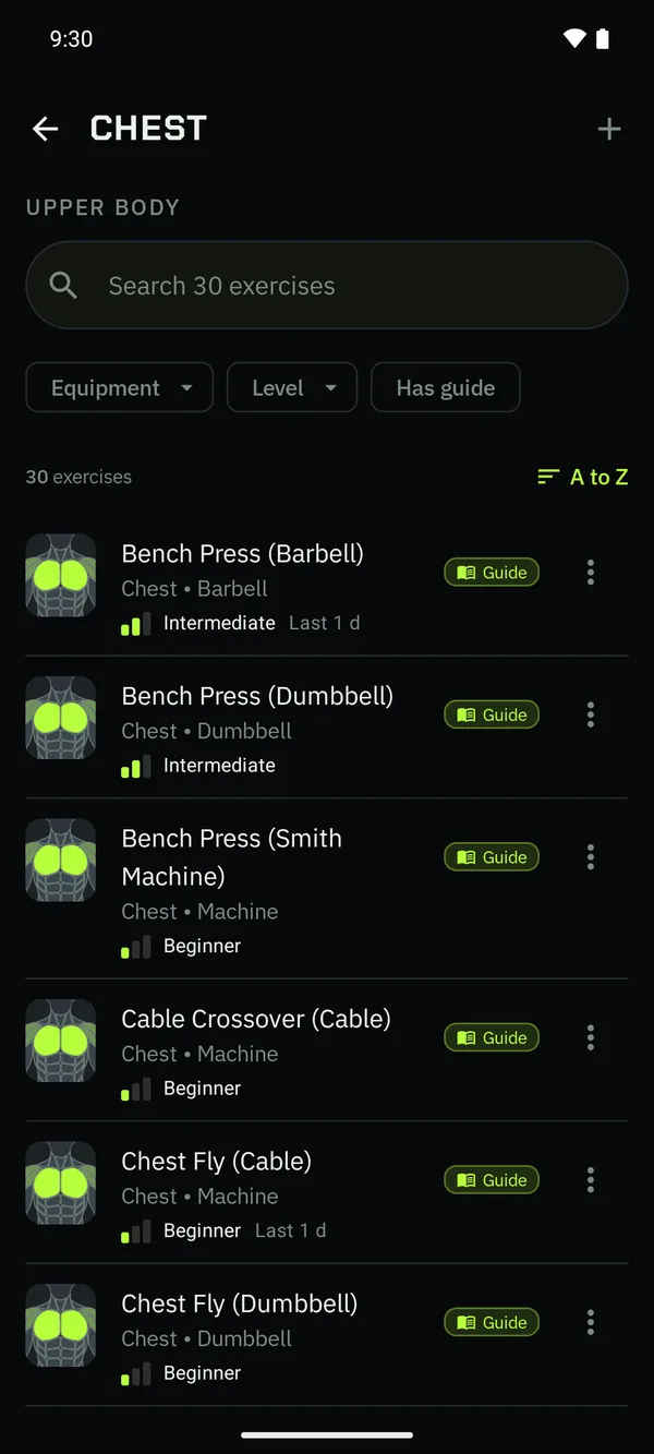 The Chest exercises, each with a level and a Guide mark.