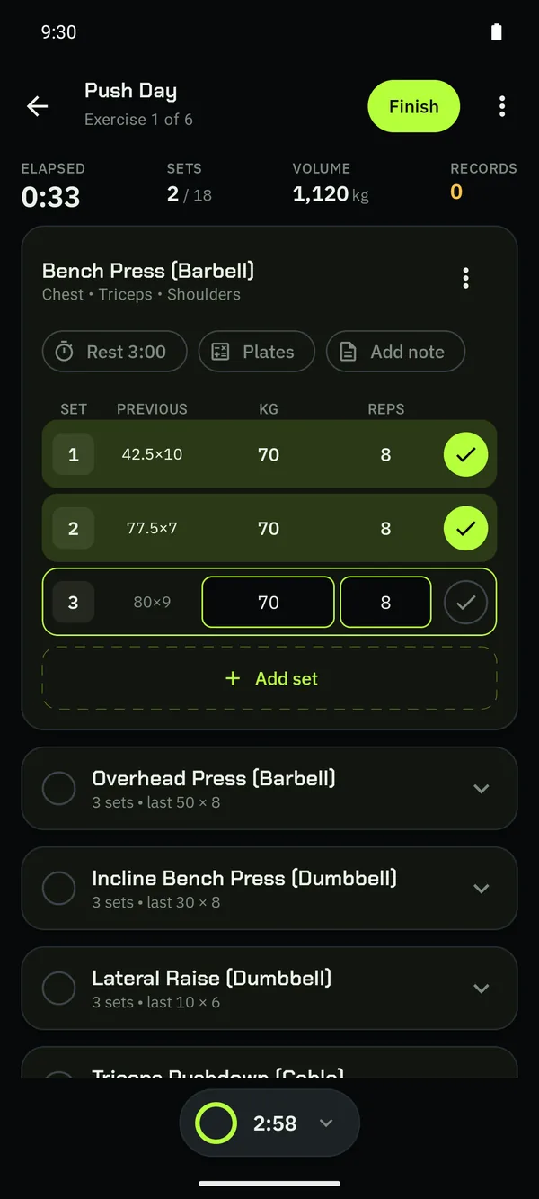 LogEZ mid-workout: Bench Press with two sets ticked, a rest timer running and the next exercises folded below it.