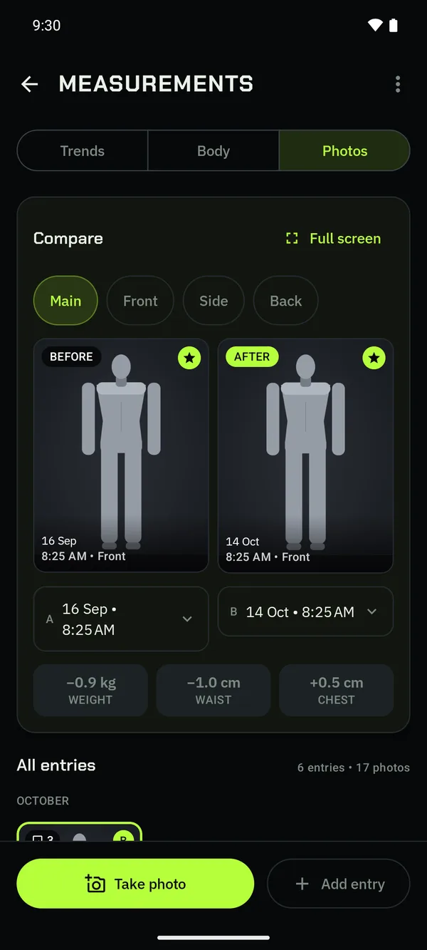 Measurements, Photos, with the Compare card.