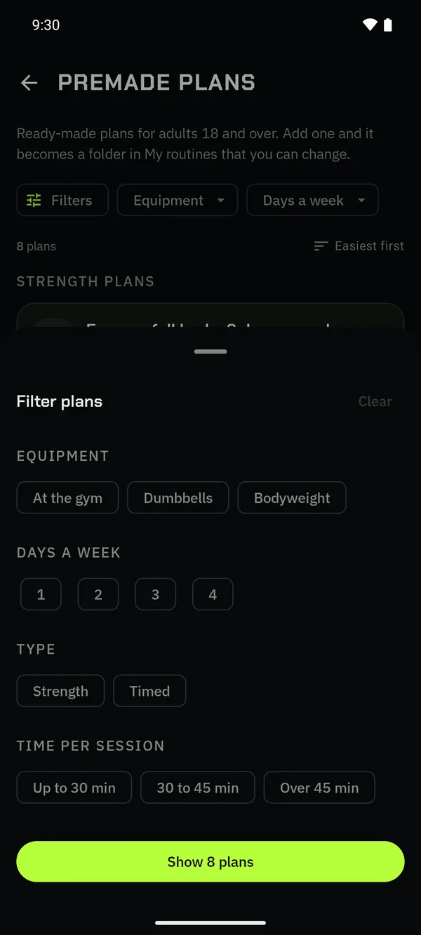 The plan filters: equipment, days, type and time per session.