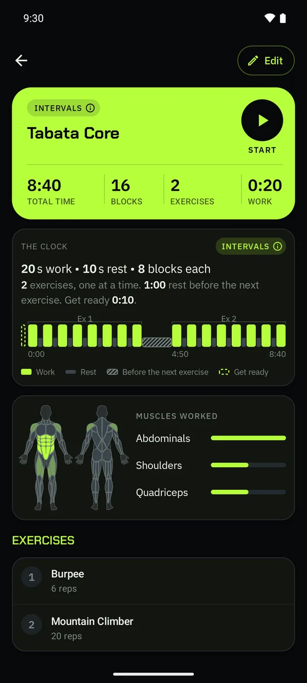 A Tabata intervals routine page.