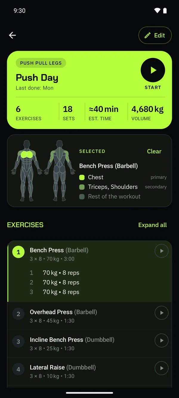 A routine page with one exercise tapped and the muscles it works lit.