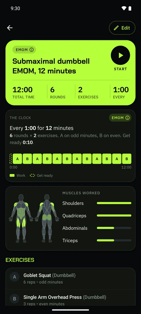 An EMOM routine page: the clock card and a Start bar.