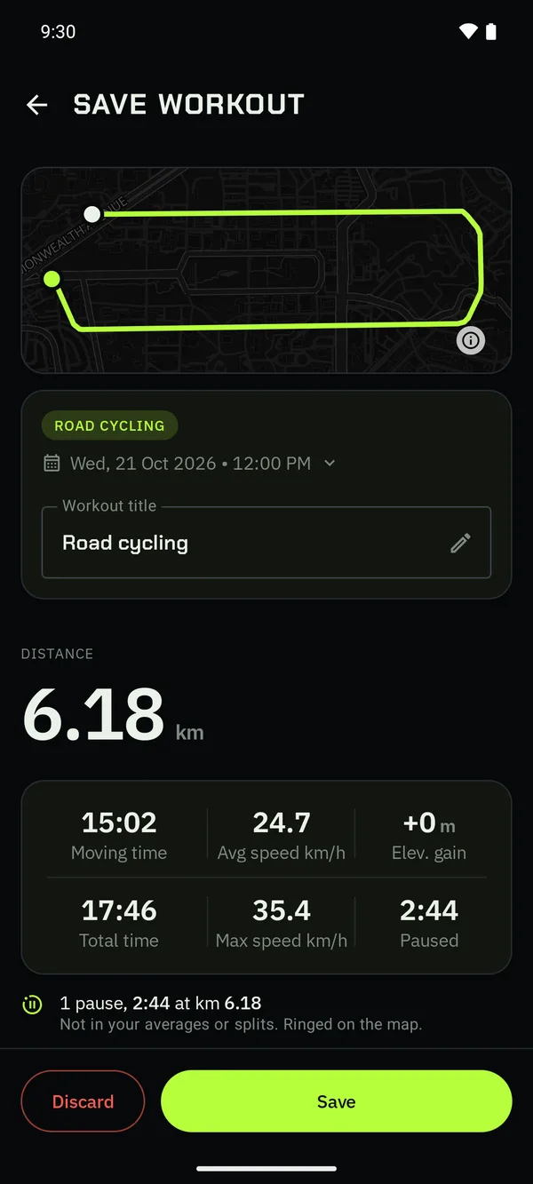 The Save Workout page for a road ride, with its route and speed.
