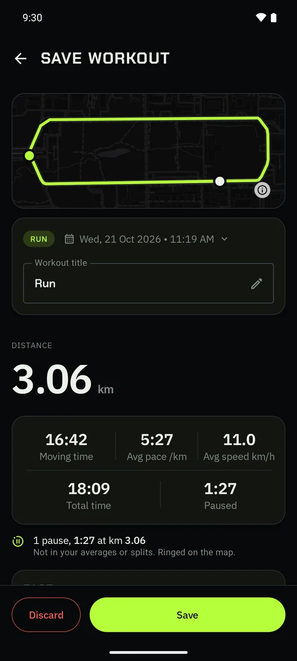 The Save Workout page for a run, with its route, pace and splits.