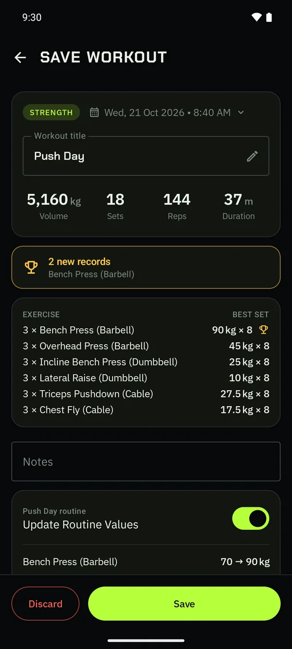 The Save Workout page: volume, sets, reps, two new records and the exercise list
