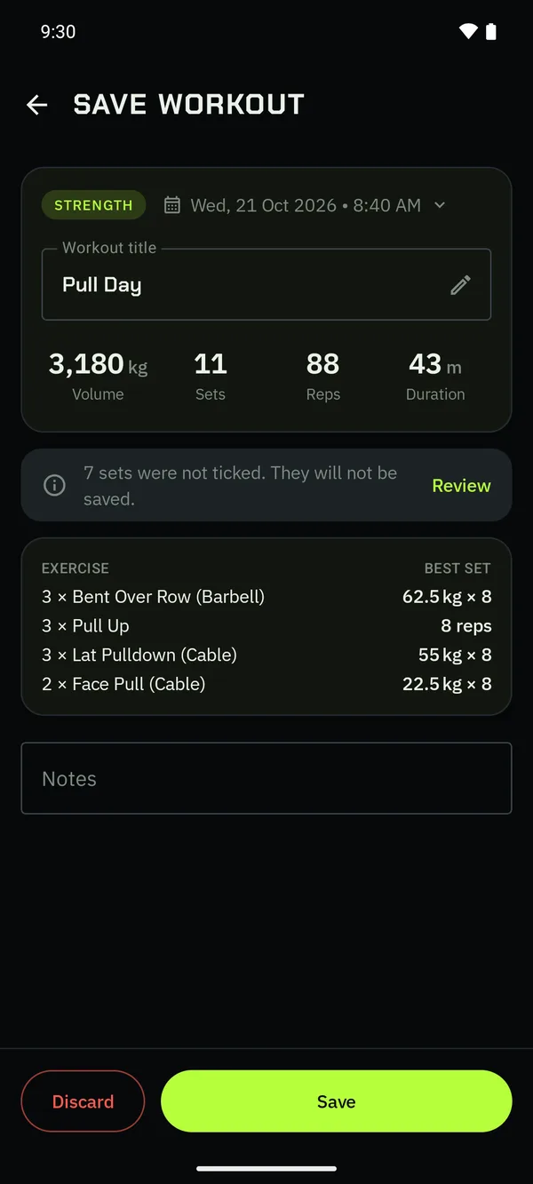 The Save Workout page for a routine workout with unticked sets flagged.