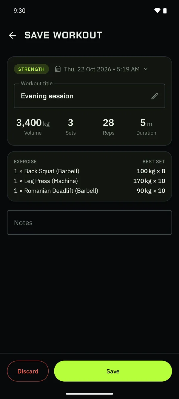The Save Workout page for a workout that did not start from a routine.