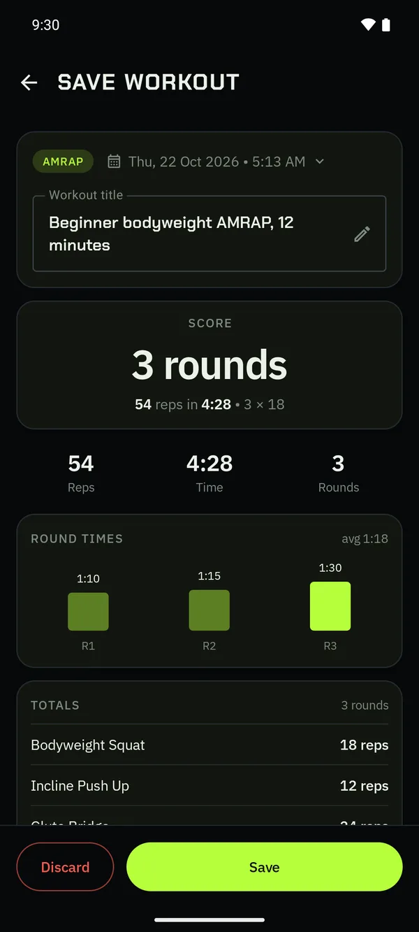 The Save Workout page for an AMRAP, with its score and round times.