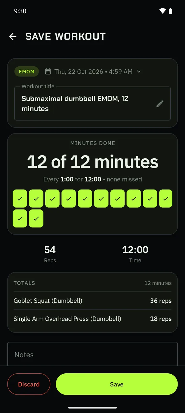 The Save Workout page for an EMOM, with its result and minutes.