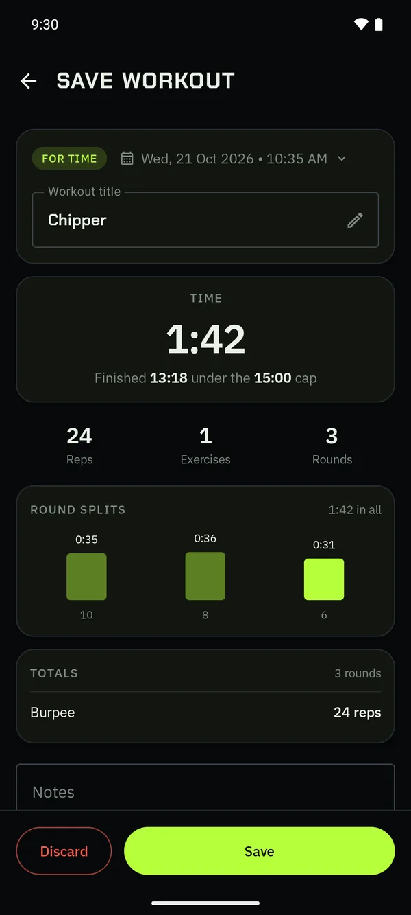 The Save Workout page for a for-time workout, with its time and splits.