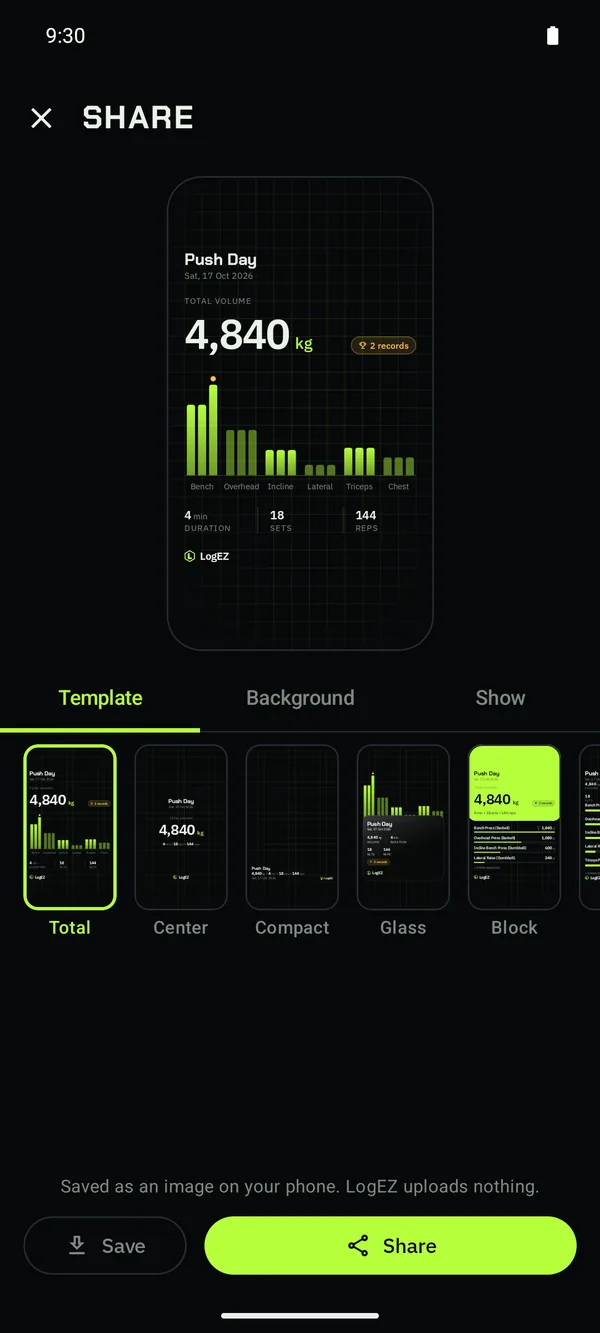 The Share screen choosing between Total, Center, Compact, Glass and Block layouts