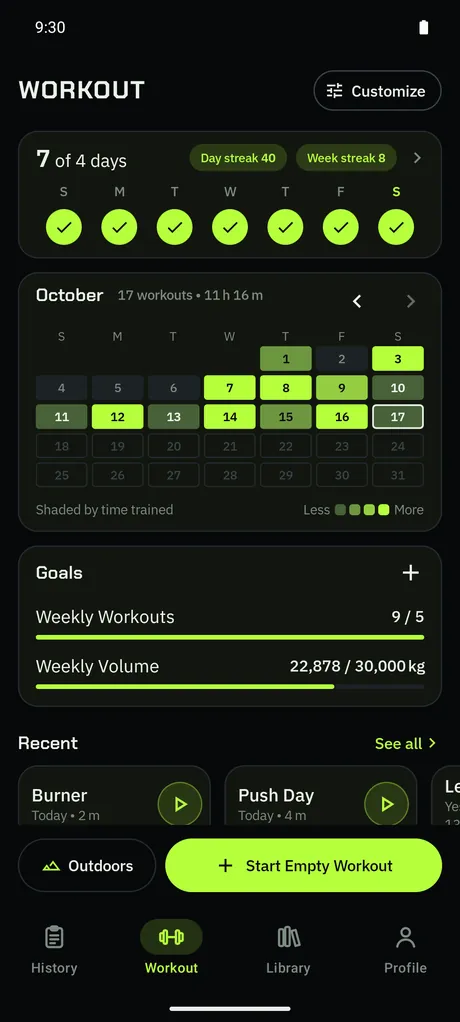 The Workout tab in Lime, dark