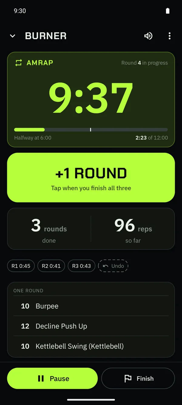 An AMRAP clock counting down from 12 minutes with a big +1 round button